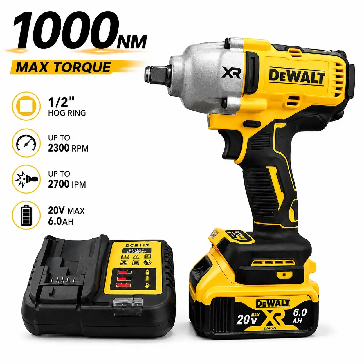 DeWalt 20V Cordless High Torque Brushless Impact Wrench, Hog Ring Anvil, 1Battery 1Charger 1Toolkit - Professional Cordless Power Tool, DIY-Ready With Batteries Included