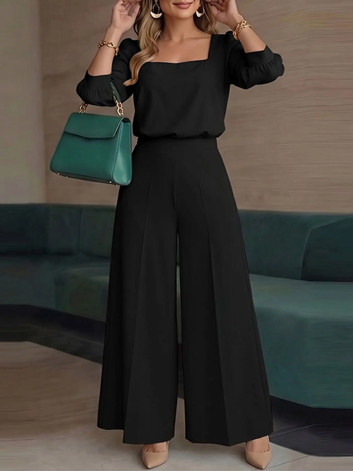 Women's Commuter Square Neck Three-Quarter Sleeve Solid Top + Wide Leg Long Pants Two-Piece Set, Chic Elegant Casual Loose-Fitting Spring & Fall Clothes