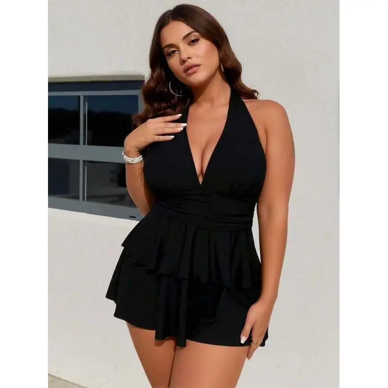 2026 New Plus Size Black Halter Sun Protection Tankini Set Double Layer Ruffle Tummy Control Two Piece Swimwear
