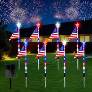 4th of July Decorations Outdoor American Flag Lights 8-Pack Red White and Blue Star Solar Lights with 8 Modes & 56 LEDs Waterproof Patriotic Pathway Lights for Independence Memorial Day Yard Path