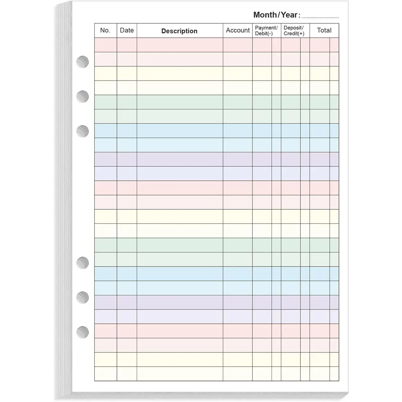 Accounting  Book Refill for A5 Binder - 6-Hole Punched,  Book Colorful Paper Refills, 50 Sheets/100 Pages, Account  Paper, 100 Gsm, 5.8" x 8.3"