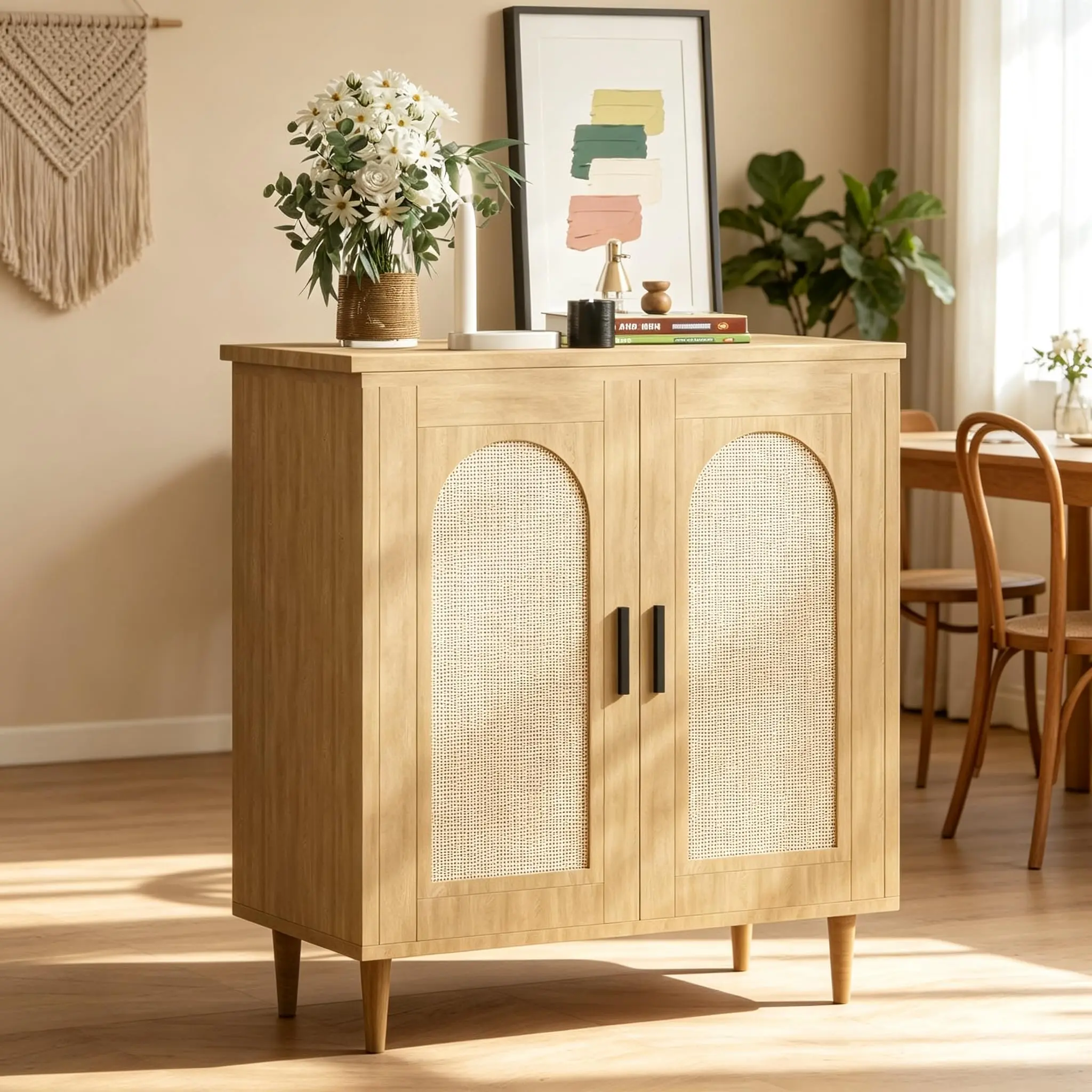 Garvee Sideboard Buffet Kitchen Storage Cabinet with Rattan, Solid Wood Feet for Living Room, Hallway, Entryway, Cabinet with Ample Storage Space(1PCS)