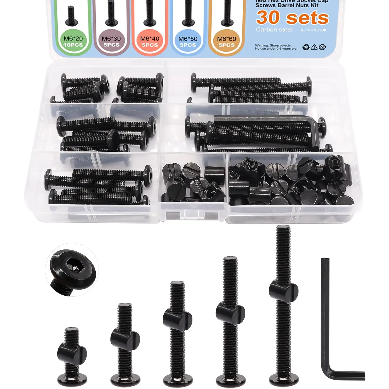 60-Count Sturdy Zinc Plated M6x20/30/40/50/60mm Black Hex Drive Socket Screws & Barrel Nuts Kit, Furniture Fixing Hardware with Hex Driver & Wrench for Beds, Chairs