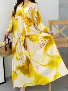 2026 New Season Printed Dress, Loose Fit Casual Long Sleeve V-Neck Maxi Dress for Women, Fashionable Chic Four Seasons Wear