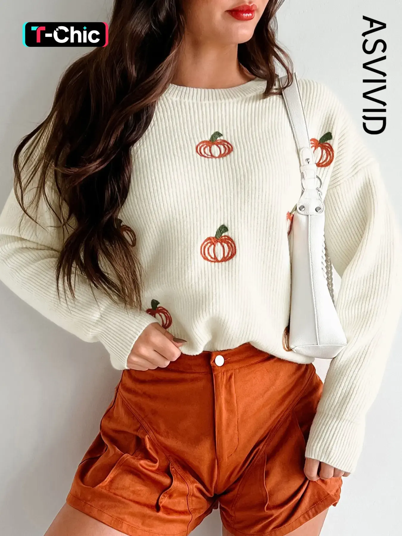 Women's Casual Round Neck Pumpkin Embroidered Ribbed Long Sleeve Sweater, Thanksgiving Halloween Festival Pullover, Fall & Winter Fashion Knitwear
