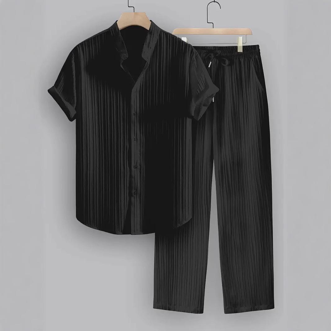 2026 Men's Striped Short-Sleeve Shirt with Button-Down Collar and Drawstring Trousers Set