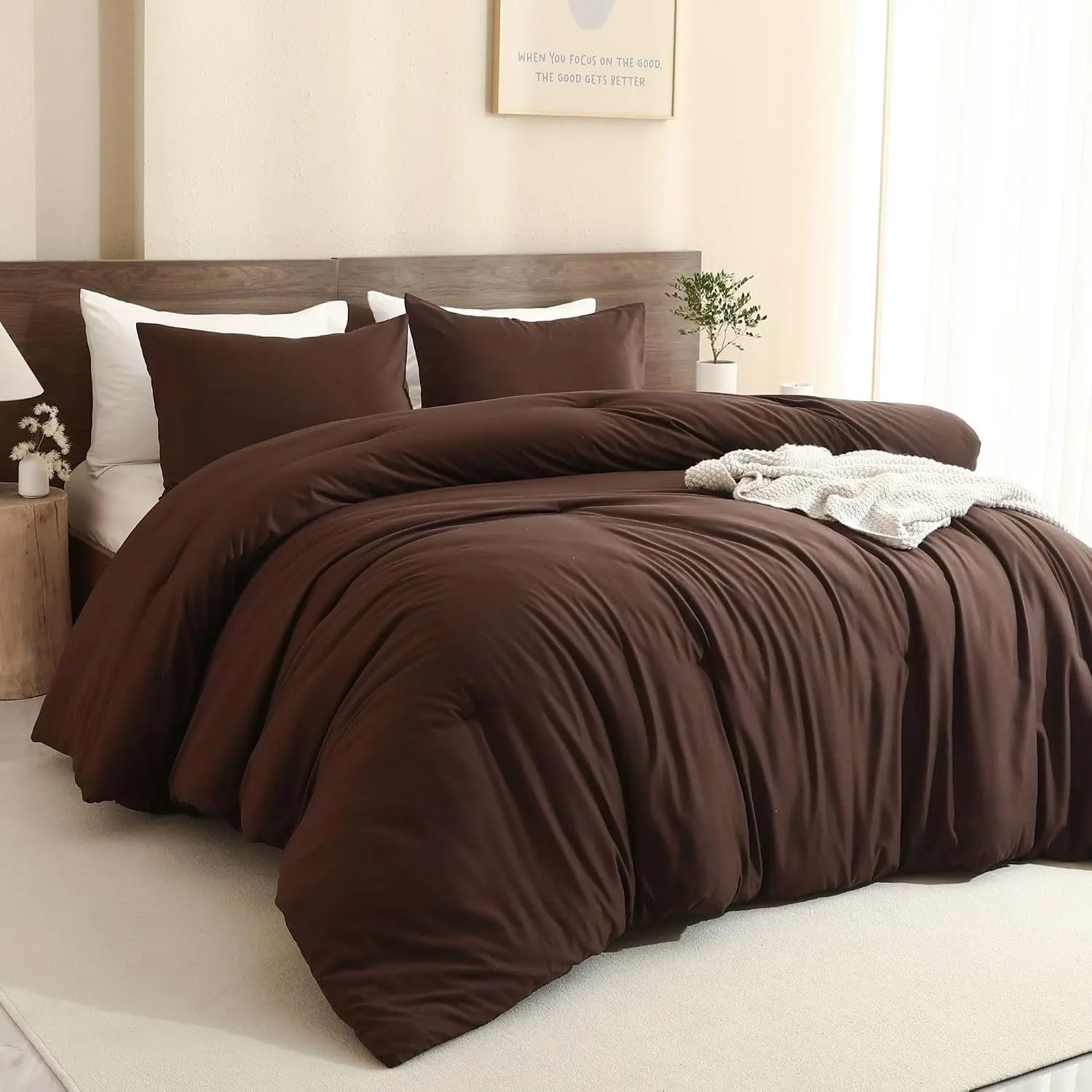 Earthy Brown California King Comforter, 3 Pieces Oversized King Comforter Set, Lightweight Solid Bedding Set, All Seasons Soft Cal King Comforter Set (104x96In Comforter & 2 Pillowcases)