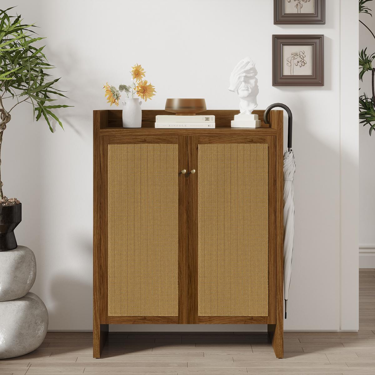 42.5" Tall Rattan Shoe Cabinet with Doors, 6-Tier Shoe Storage Cabinet with Adjustable Shelves, Wooden Freestanding Shoe Organizer Shoe Cabinet for Entryway,Hallway,Living Room (Walnut)