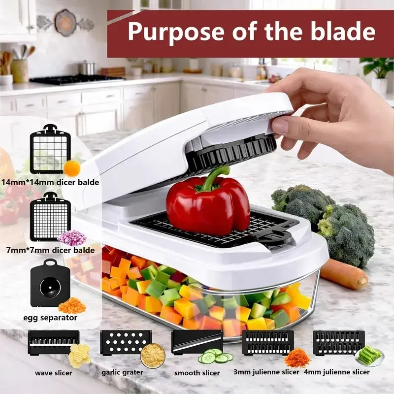 15-In-1 Multi-Functional Food Chopper, Professional Onion Cutter with 8 Blades, Vegetable Slicer with Storage Container, Vegetable Cutting Slicer, Essential Kitchen Tool