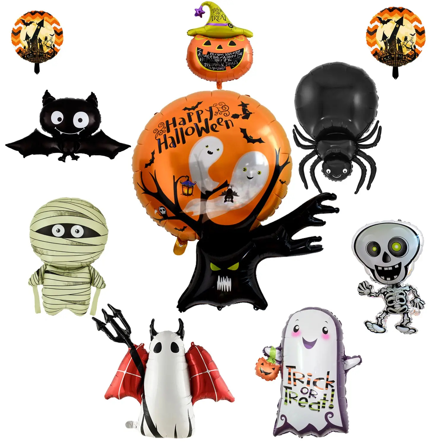 10 Pcs Large Halloween Foil Balloons Set, Bat Witch Pumpkin Skeleton Ghost Spider Designs, Mylar Balloons for Spooky Party Supplies