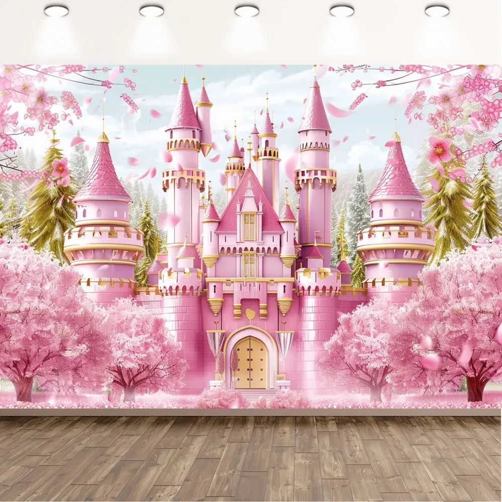 1 Queen's Castle Pink Watercolor Birthday Backdrop - Fairy Tale Party Banner, featuring cherry blossoms and castle, suitable for first birthdays, baptisms, baby showers, and first communion decorations, princess party decoration