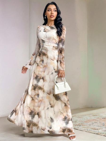 Elegant Women's Tie-Dye Print Long Sleeve Round Neck Maxi Dress, Party Wear Formal Gown, Ladies Fashionable Evening Dresses, Floral Dress