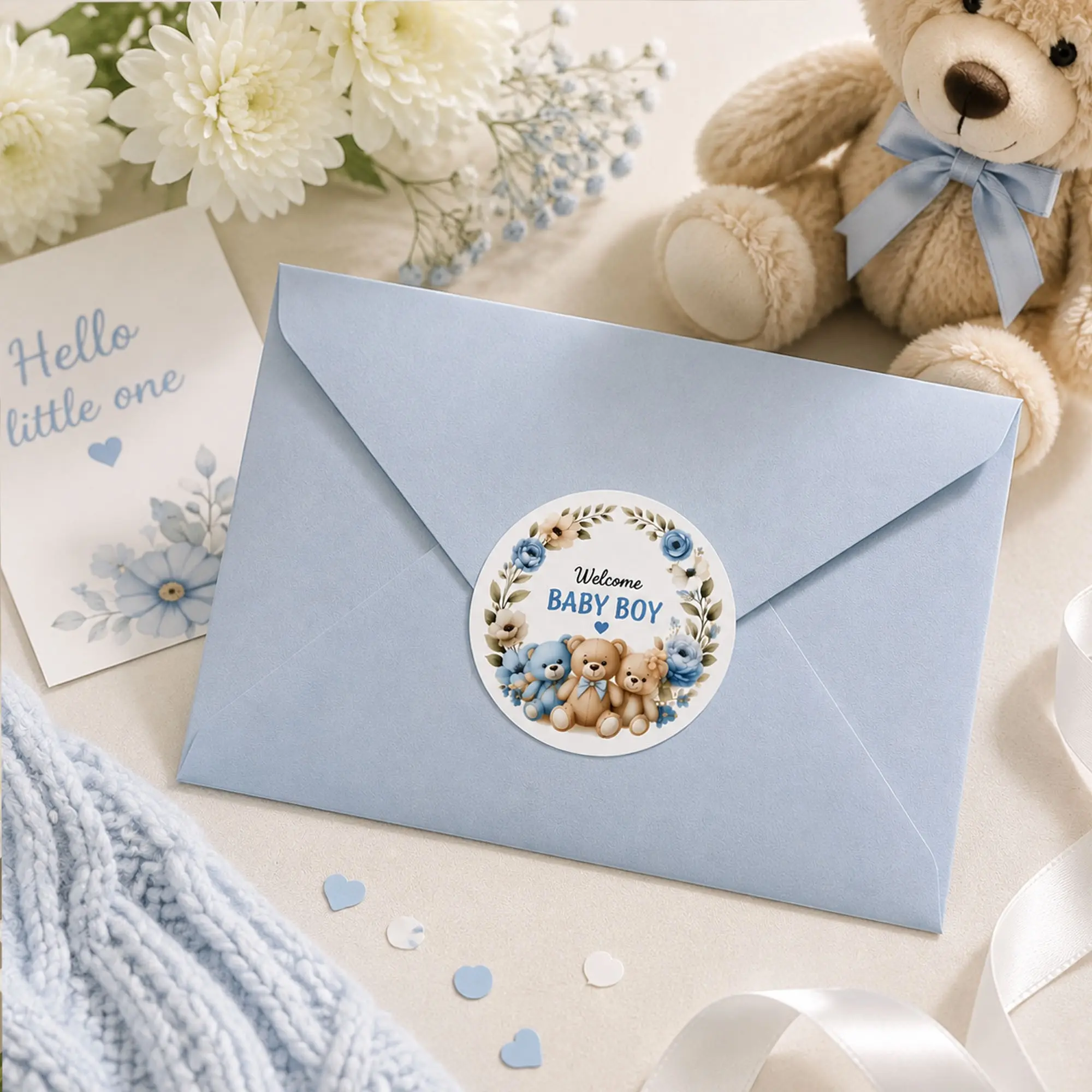 Welcome Baby Boy Girl Stickers, 6.5cm Round Teddy Bear Floral, Self-Adhesive Labels for Baby Shower Favors, Gift Boxes, Bags, Envelopes & Party Decorations