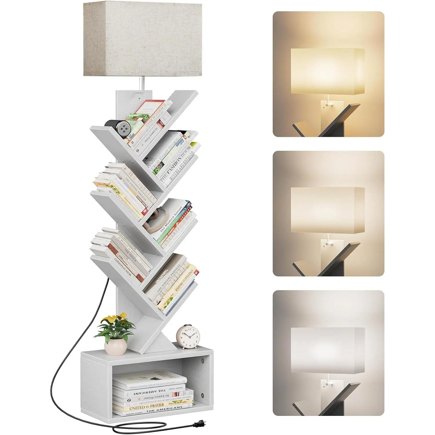 6 Tier Tree Bookshelf with Light, Narrow Bookcase Tower, Tall Floor Standing Book Shelf Organizer with Storage Cabinet for Living Room, Bedroom and Home Office, White