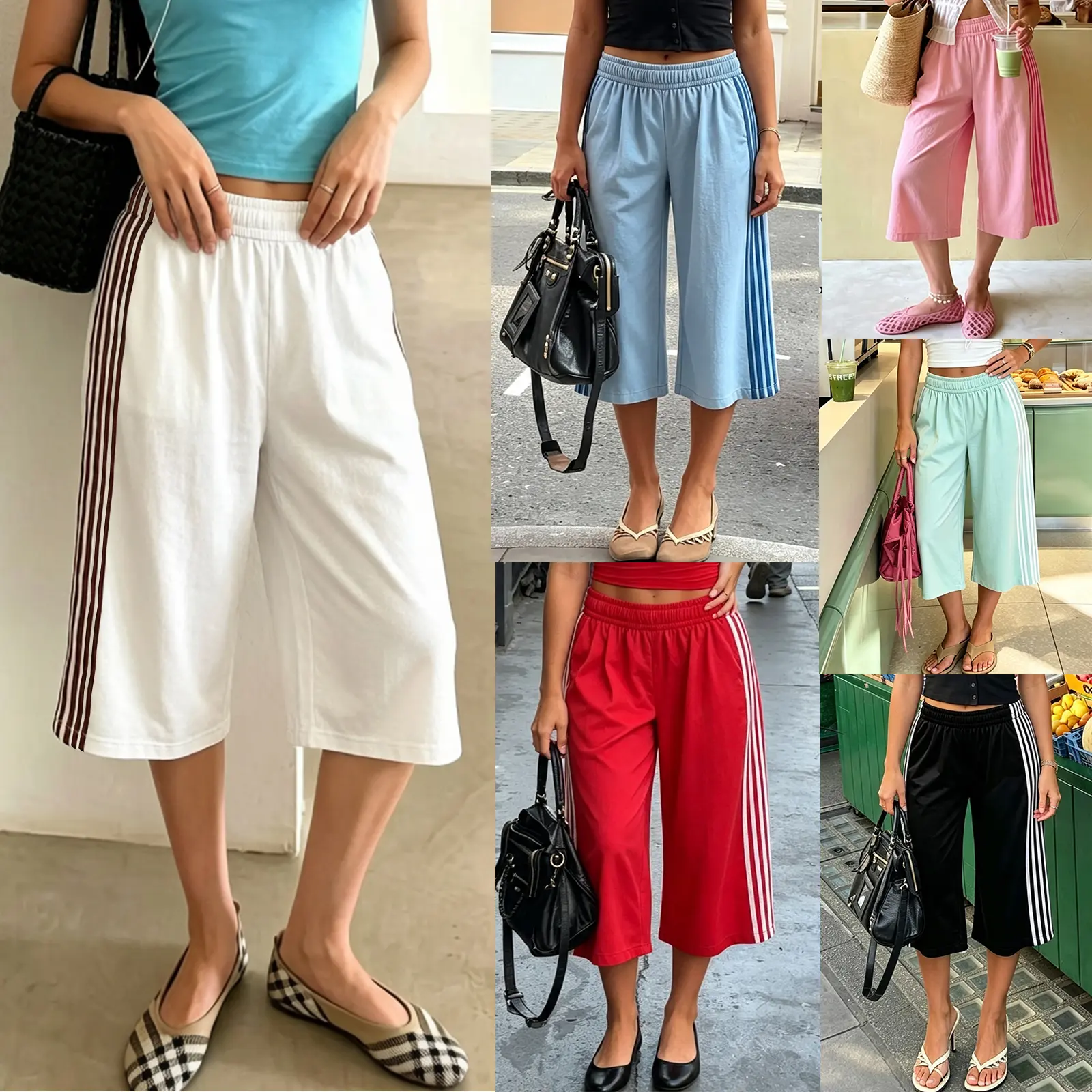 Women's Side 3 Stripes Elastic High Waist Capri Pants, Loose Wide Leg Cropped Sweat Culottes, Casual Sporty 7/8 Length Athletic Lounge Walking Cropped Trousers