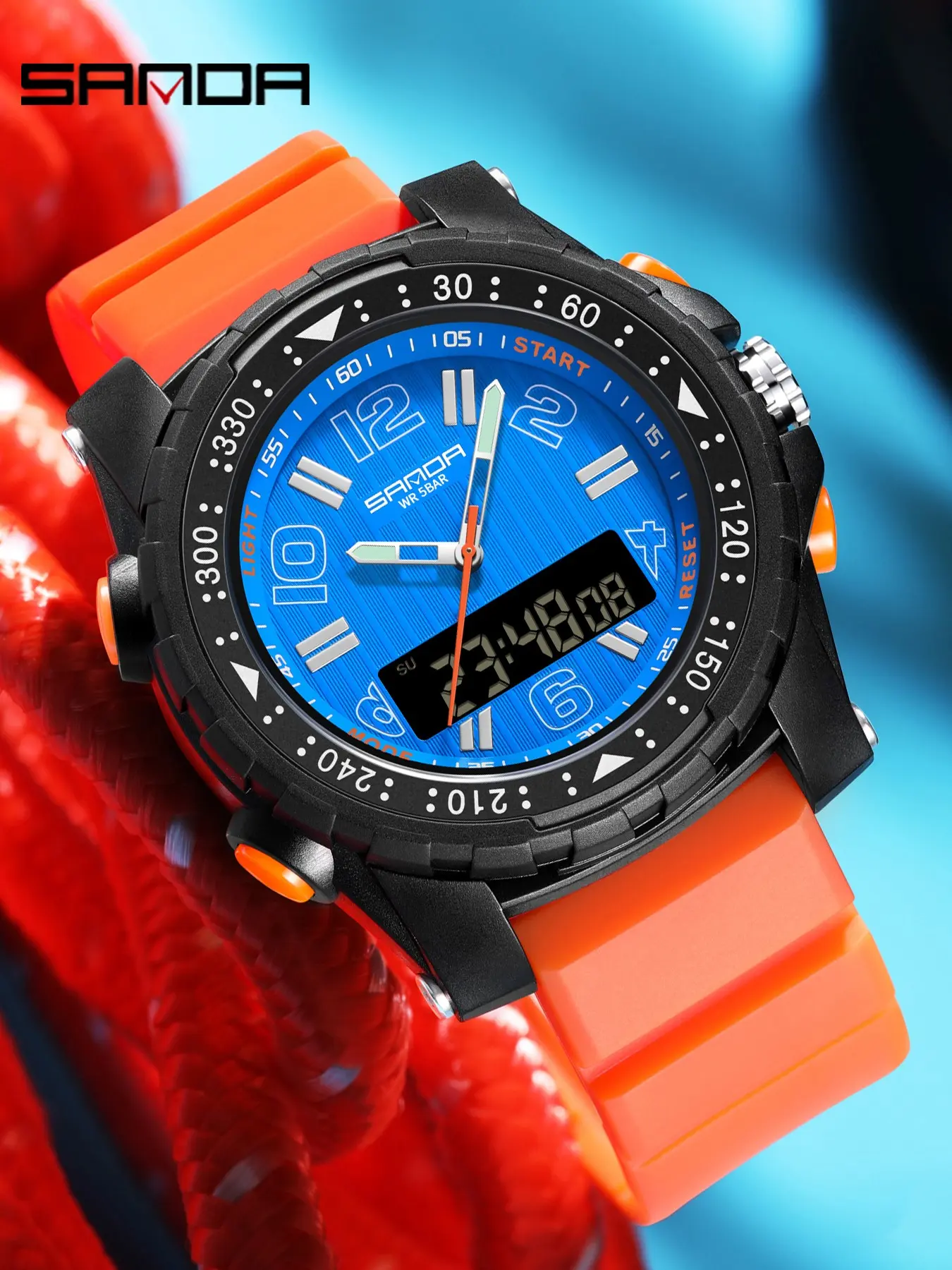 Sanda Fashion Waterproof Digital Watch for Youth, Dual Time, Stopwatch, Alarm, Luminous, Week Date, Analog Face, Zinc Material, Men Fashion Watch