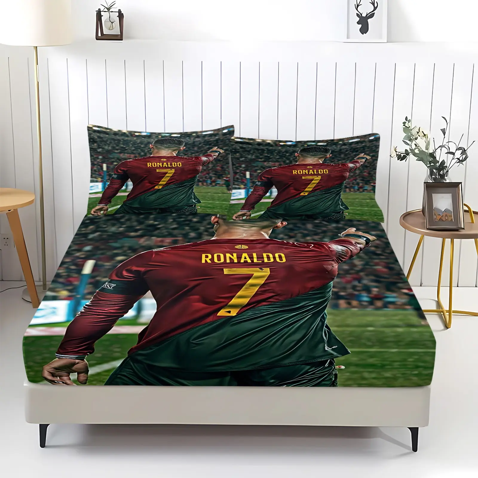 Number 7 National Team Soccer Back 3‑Piece Fitted Sheet Set, No Filling Included, Polyester Printed Bedding Set, Sports Fan Vibe Decor for Football Lover Master Bedroom, Athletic Glam Suite, Soccer Sports Themed Bedroom, Bed Sets