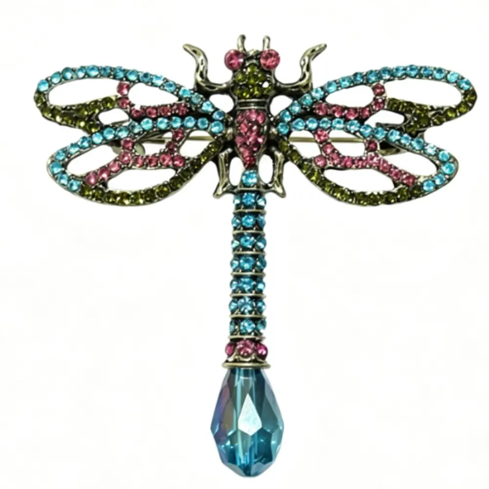 Vintage Bronze Dragonfly Brooch Pink Blue Green Rhinestone Teardrop Crystal Drop Unisex Insect Coat Pin Accessory