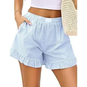 Womens Boxer Shorts Cotton Pajama Bottoms Summer Gingham Ruffle/Lace Shorts Casual Y2K Beach Shorts S-2XL