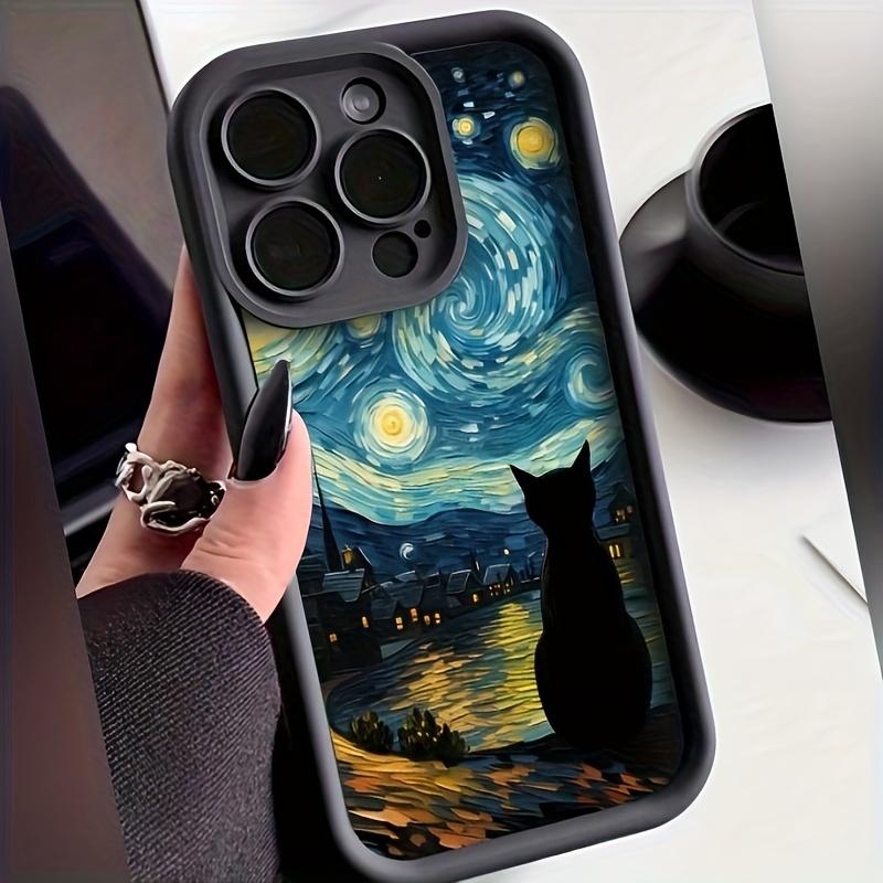 Phone Case: Suitable for iPhone 17 E Air Pro ProMax iPhone16 15 14 Plus 13 12 Mini 11 X XS XR, Black, Featuring a Cat Looking at the Stars from Among Tall Bamboos