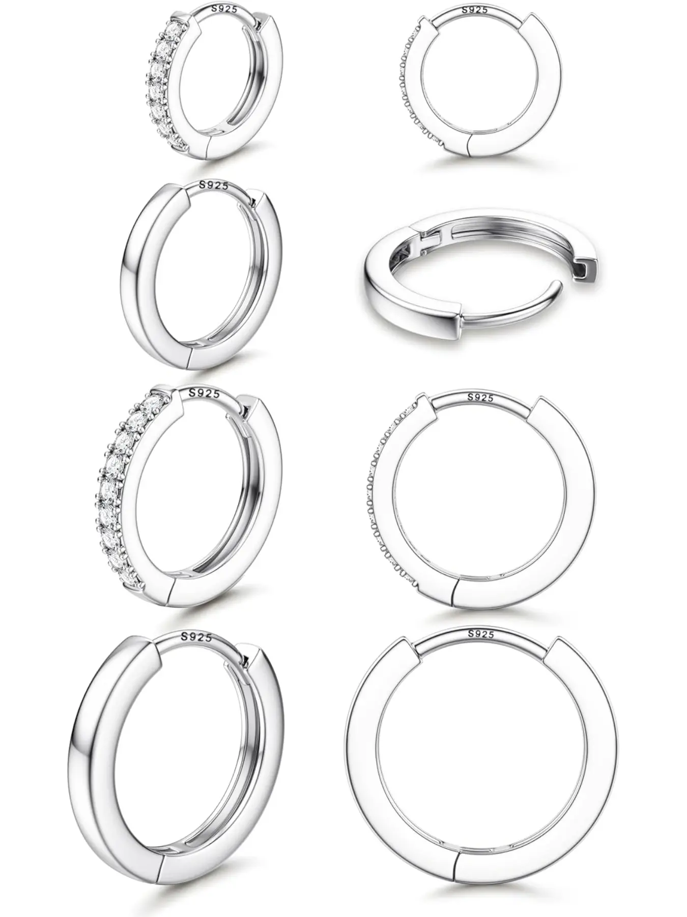 4 Pairs Hoops Earrings for Women, 925 Sterling Silver, Hypoallergenic, Small Silver Color/ Huggies, Mini Cartilage Sleeper Earrings