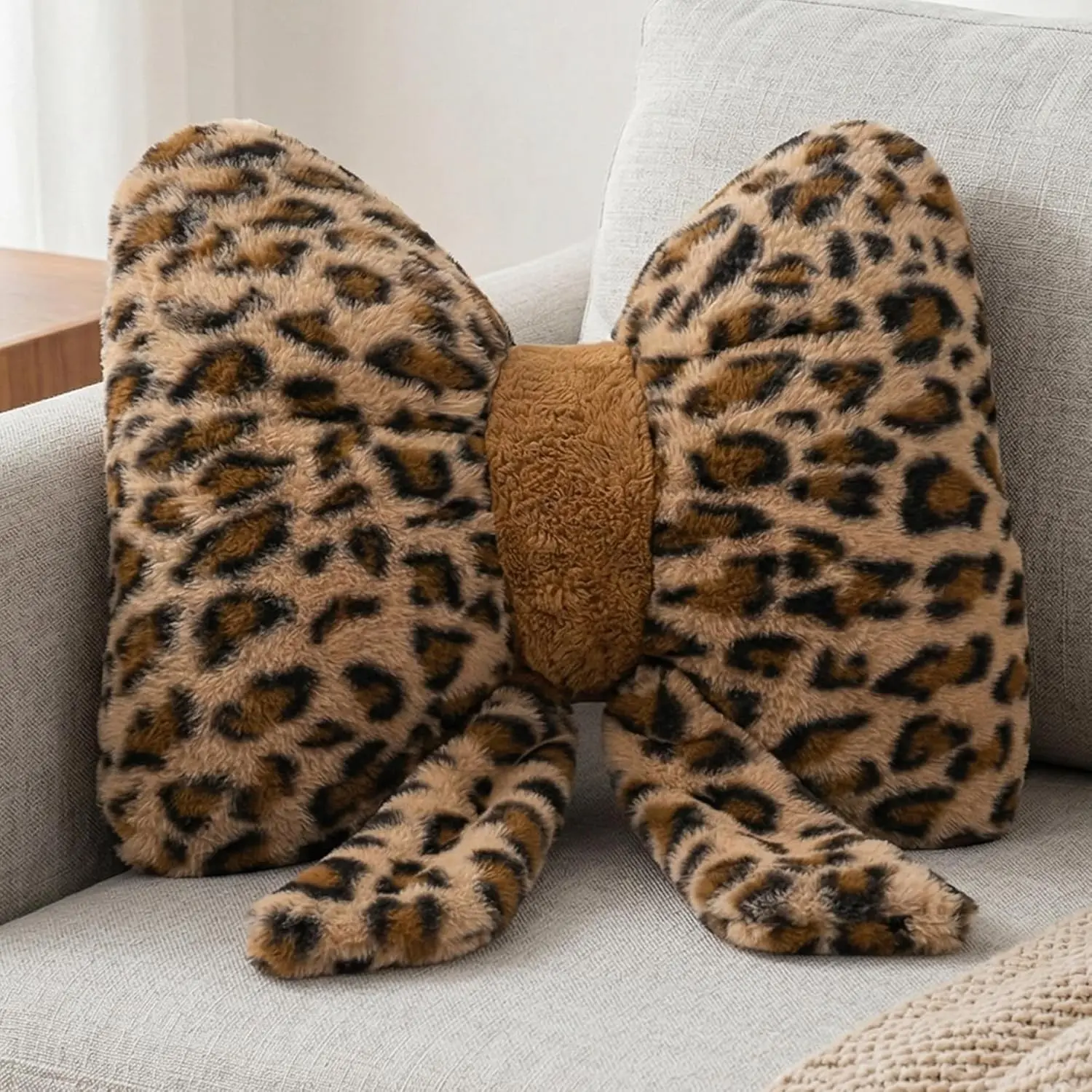 1PC Leopard Print Bow Cuddly Pillow, Ultra Soft Plush Cushion, Ideal for Bedroom, Living Room, Office, Perfect Gift for Home Decor Lovers