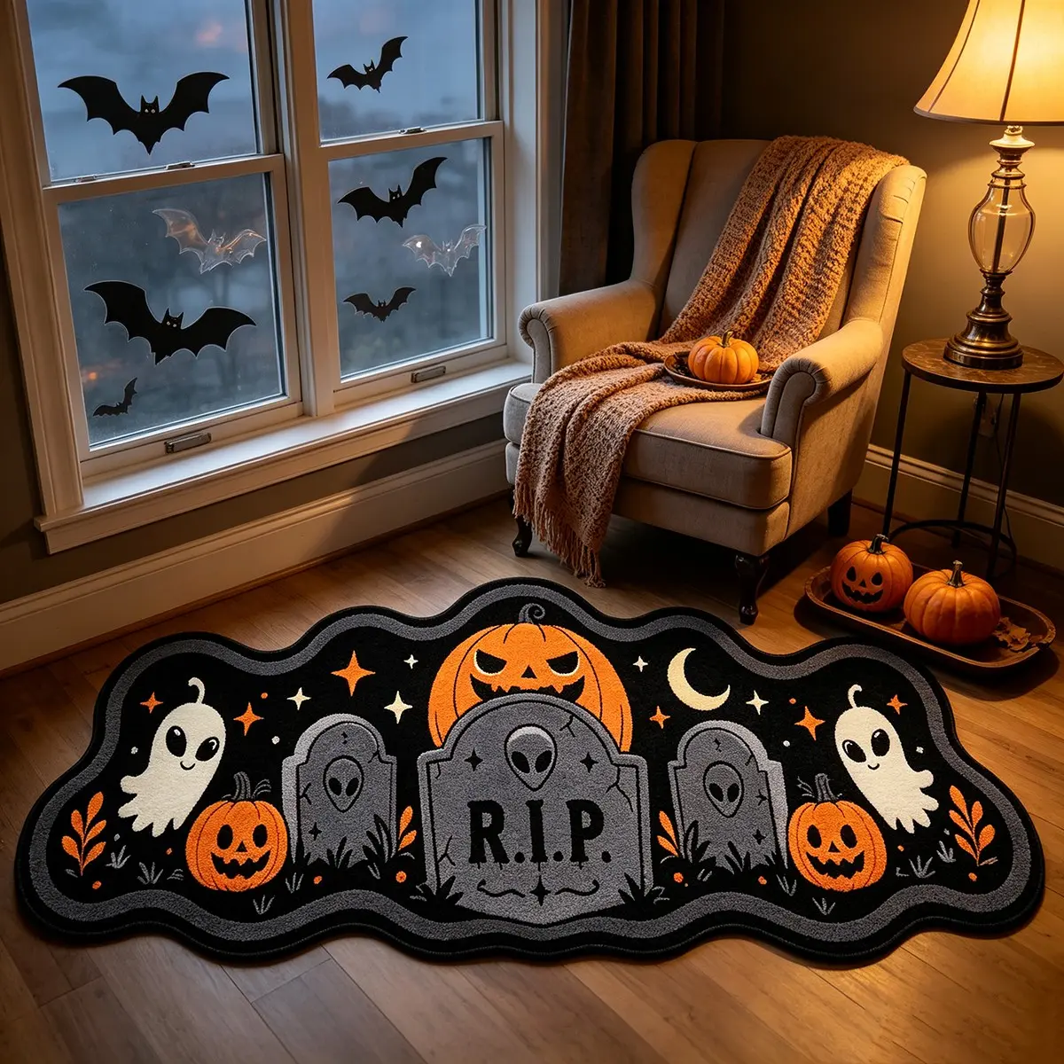 Halloween Ghost Pumpkin Tombstone Long Rug Dark Retro Cemetery Area Rug Gothic Washable Rug For Bedroom Hallway Entryway Fireplace Living Room Decor Rug Nice Holiday Gift Rug