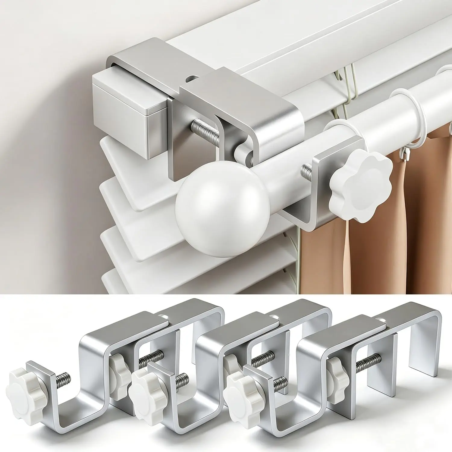 No Rod Brackets for Outside-Blinds, Tool-Free Over-Blind Rod Holders, Fits 1-2" Rectangular Headrails, No Wall Damage, Renter Friendly Window, 3 Pack,Silver