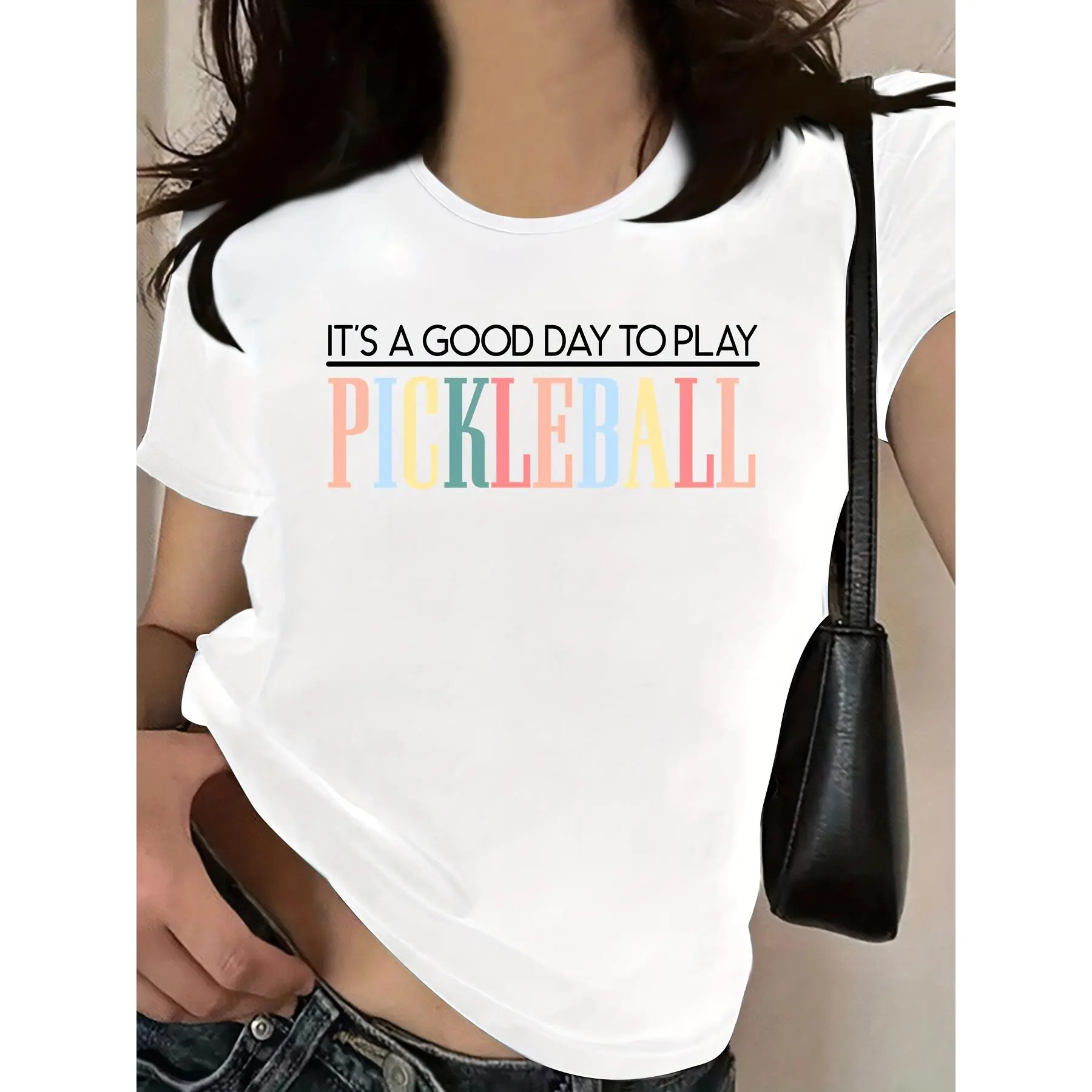 Women's Pickleball Graphic T-Shirt - "Good Day to Play" Slogan, Soft Solid Knit Seamless Smooth Cotton Fabric, Short Sleeves, Elastic Neckline, Casual Sports Top, Straps, Tshirt, Ribbed, Lady, Round Neck, Letters, Alpha Print, Classic Fit, Short Sleeve, C