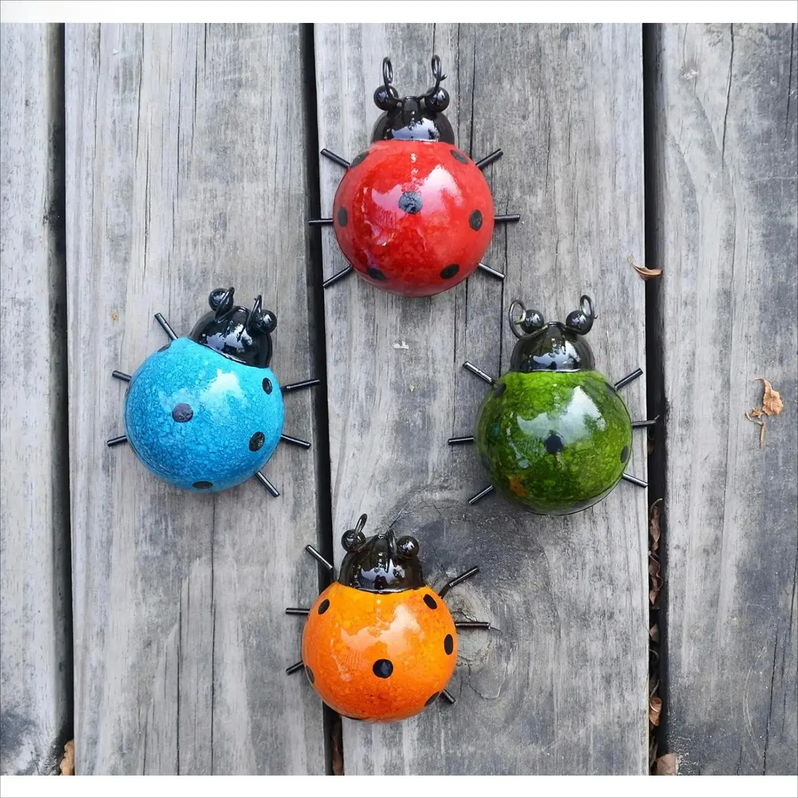 4-Piece Ladybug Set Outdoor Wall Ornament - Metal Insect Shape Decor, Weatherproof Rustic Sculptures for Fence, Patio