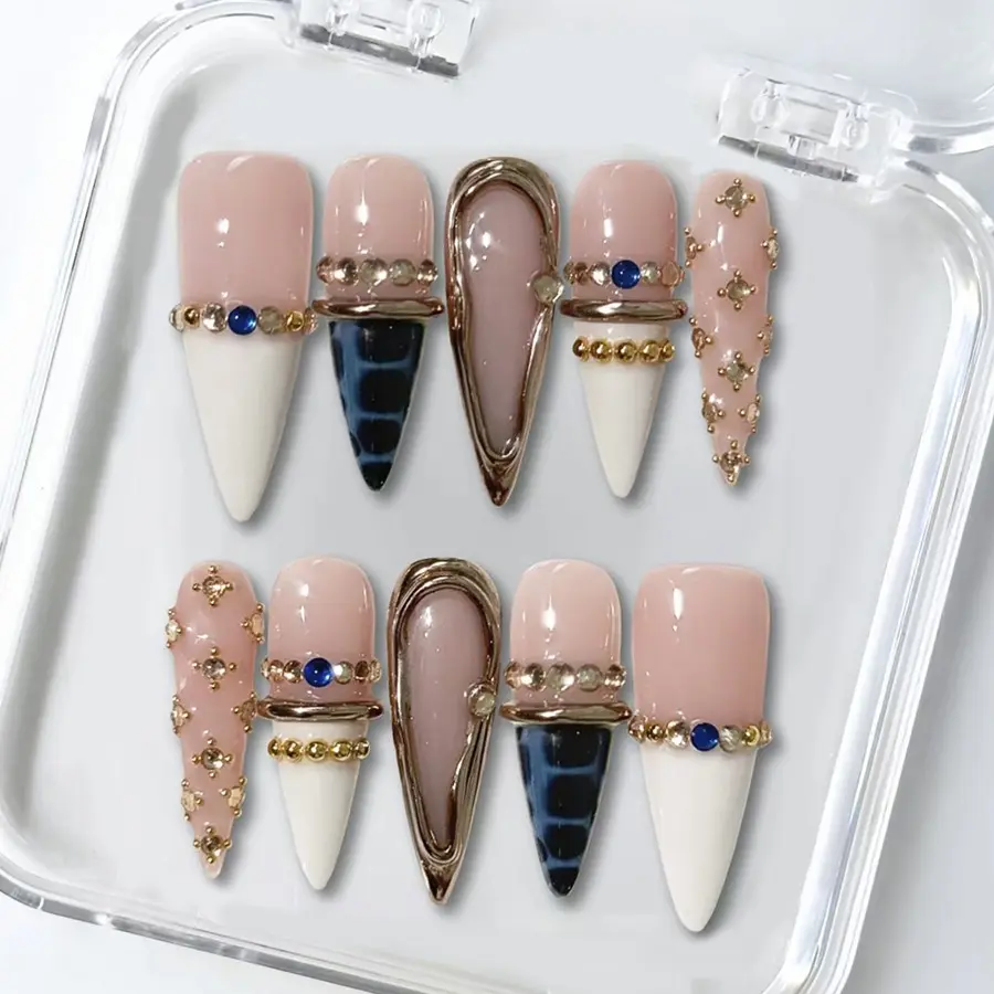 10Pcs/Set Stiletto‑Shaped Handmade Press‑On Nails,Fake Nails,Y2K Style,Nude,White,Metal Frame & Rhinestone Design,Multi‑Color Rhinestone Decor,Size XS/S/M/L,Include Jelly Glue,Nail File,Cuticle Pusher,for Daily,Party,Holiday Gift for Women
