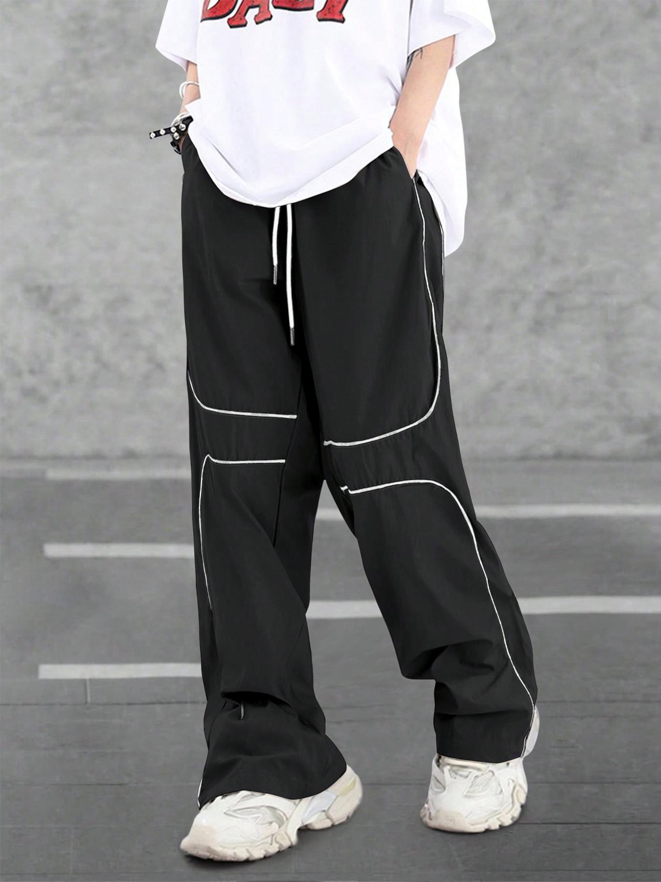 Men's Loose Letter Patched Contrast Binding Pocket Detail Drawstring Cargo Pants, Mens Pants, Casual Trousers for Spring Fall Winter