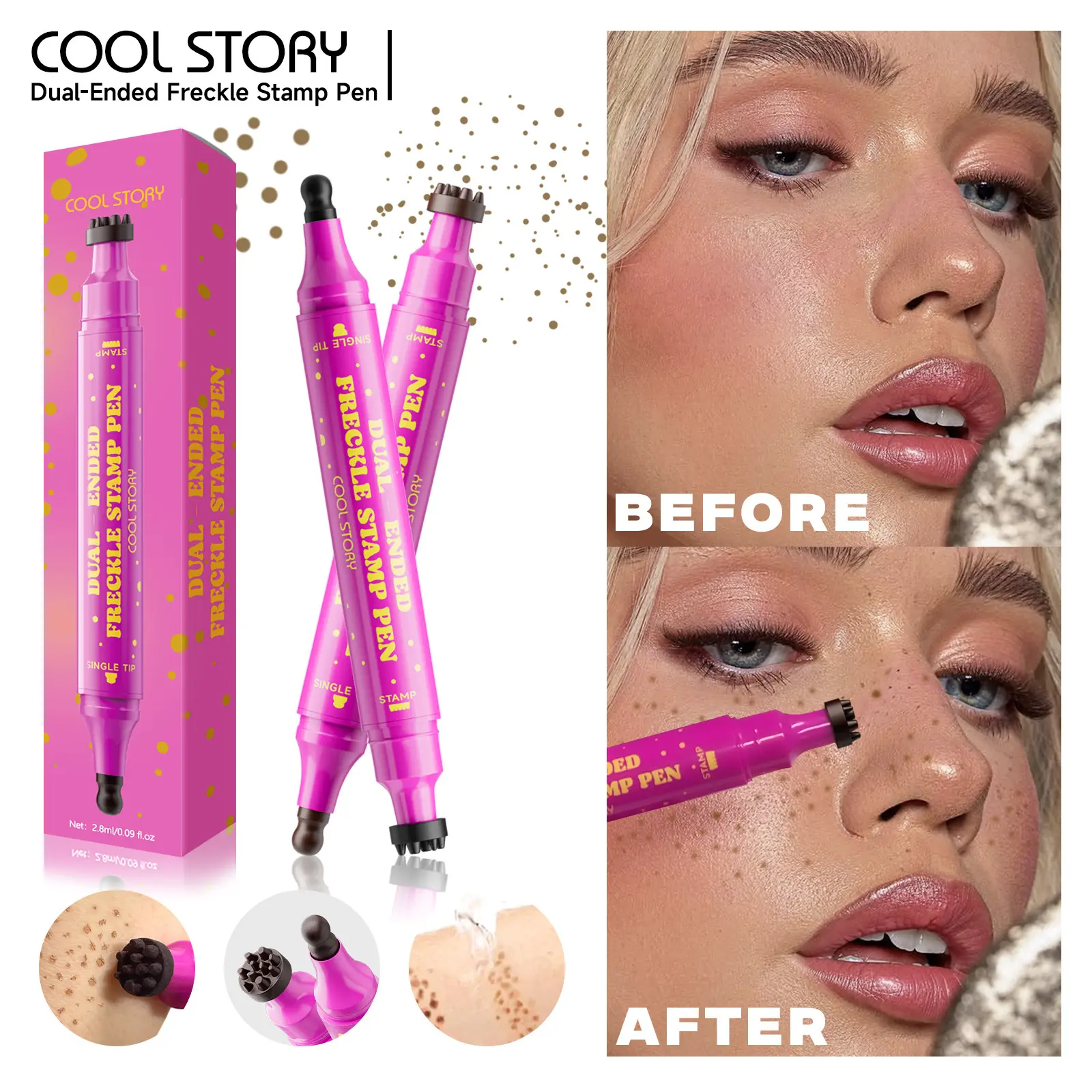 Cool Story Dual-End Freckle Stamp Pen, Waterproof Long-Lasting 2-in-1 Makeup Pen. Craft natural sun-kissed freckles with its precision tip, ideal for light and deep skin tones.