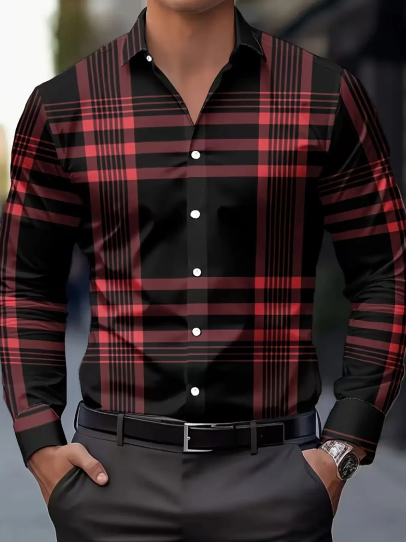 Men's Plaid Striped Checked Fashion Casual Long Sleeve Shirt, Fitted Spring & Fall Top, Unlined Clothing for Daily Wear