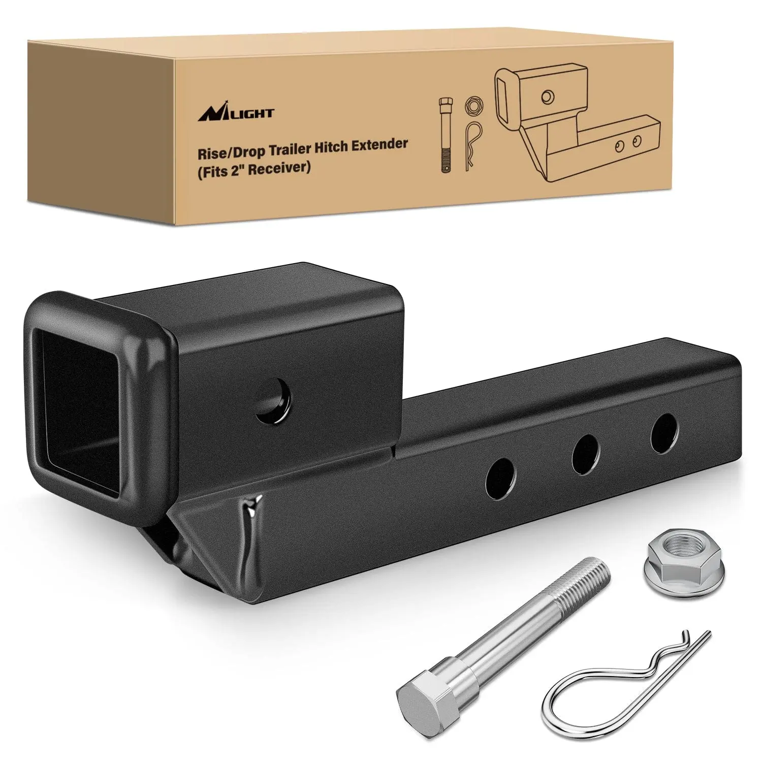 Nilight Adjustable Standard 2" Trailer Dual Hitch Receiver, Sturdy Steel Rise/Drop Design (2-Inch Range), Powder Coated High-Strength Corrosion-Resistant, Compatible with Cargo Carrier, Includes Flange Nuts