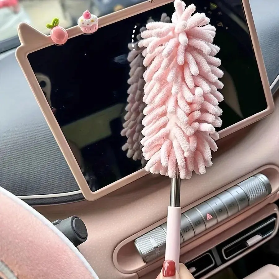 Pink Soft Microfiber Car Wash Brush with Extendable-Retractable Handle - Space-Saving Automotive Surface Cleaner, Versatile Tool for Cleaning Interior & Exterior, Lightweight Efficiently Removes Dust and Dirt for Vehicle Owners