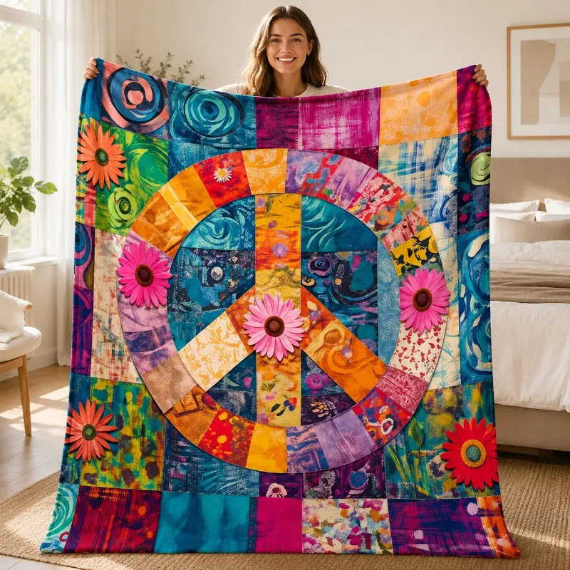 1pc Peace Sign Patchwork Flannel Blanket - Flannel Fabric, Patchwork Squares, Peace Sign Motif, Soft Multicolor Base, Couch Car Office Indoor Use, Kids Birthday Gift, Machine Washable