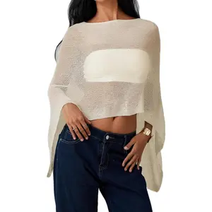 Loose Sheer Poncho Shrug Crochet Knit Batwing Flowy Tops Beach Blouse Shrug Pullover Sweater