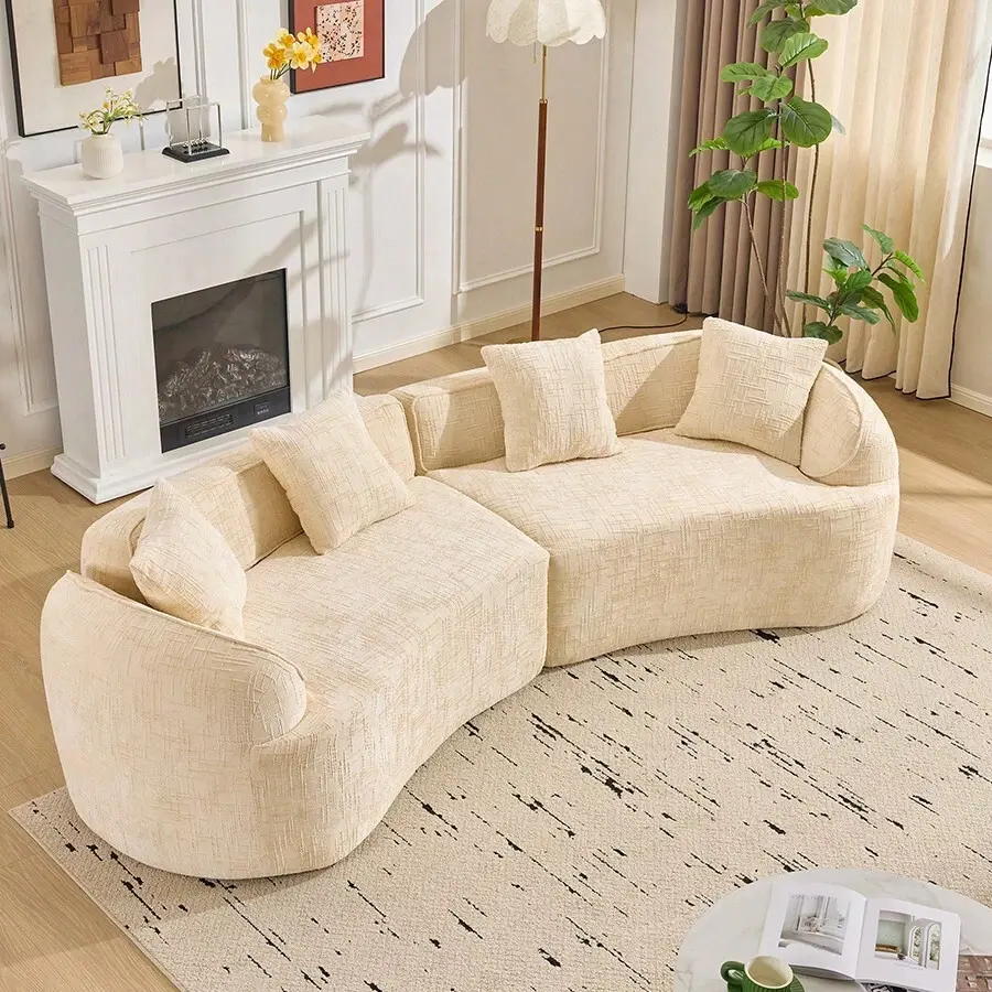 Modern Curved Chenille Sofa Couch, Nordic-Inspired Compressed Cloud Couch Living Room Bedroom Apartment, Soft 3-Seater Sofa With Comfortable Deep Seating, Boneless Sofa With Skin-Friendly, No Assembly Required