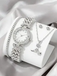 Women's Elegant Rhinestone Decor Watch & Matching Jewelry Set, Fashionable Jewelry Set, Round Dial Analog Quartz Watch & Bracelet & Pendant Necklace & Ring & Stud Earrings, Fashion Watch Set for Women As Gift