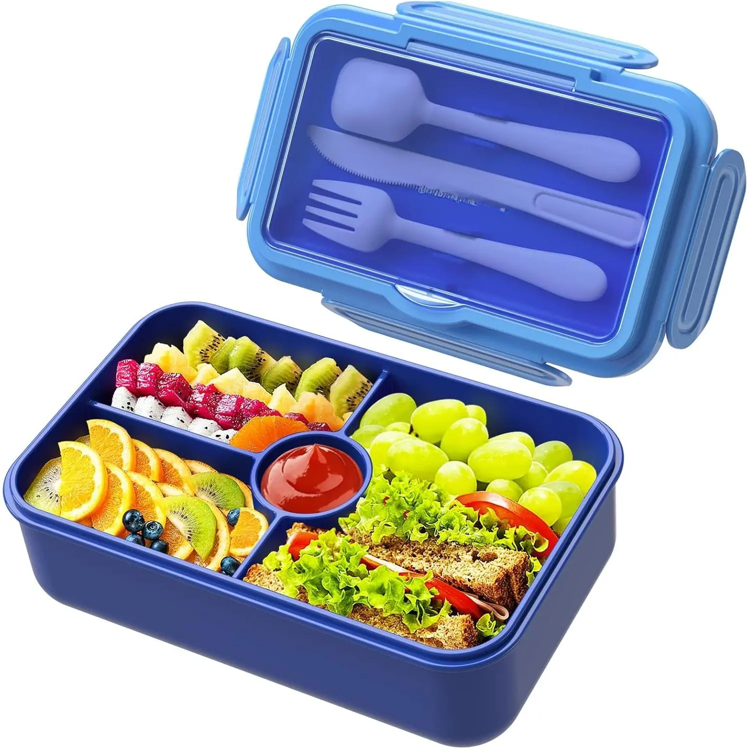 Bento Lunch Box for  - Leakproof Large Bento-Style with 4 Compartments Portions Lunchbox with Tableware  to School,  -the-Go Meal and Snack Packing, Blue