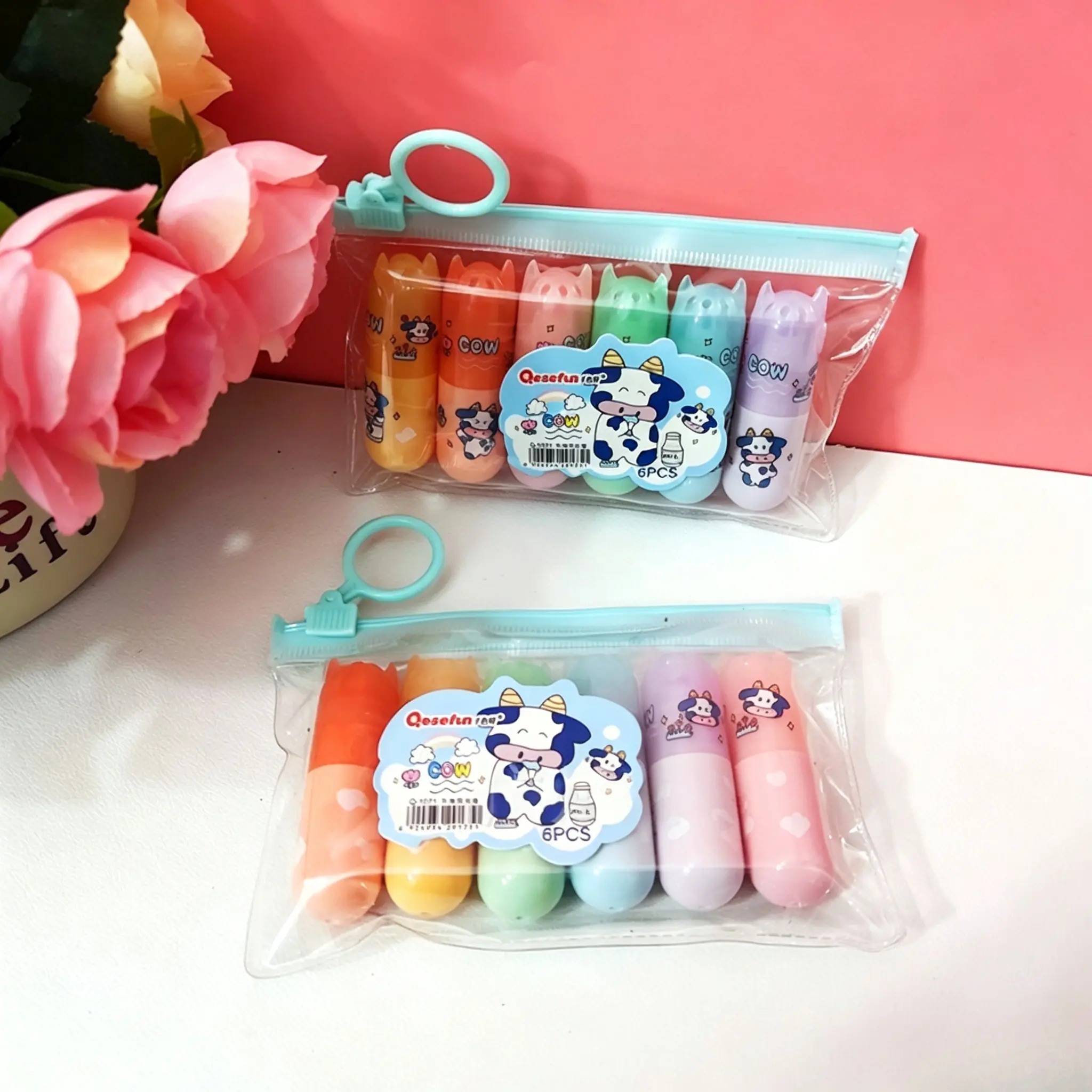 2 Packs 12Pcs Cute Cow Mini Highlighters 6 Pastel Colors Portable Pocket Markers For Journal Notes Doodle School Office Stationery For Students Artists Back To School Prize Halloween Christmas Holiday Party Favor Small Gift Supplies