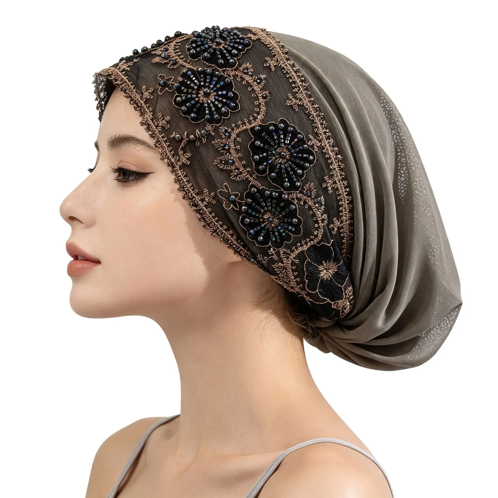 Beaded Lace Mesh Turban Hat - One Size, Breathable, Lightweight, Non-Slip Slouchy Bonnet with Pre-Tied Band, Mesh Fabric Hair Cover for Church Events, Vintage Elegance Daily Use (Sports Headband Accessory)