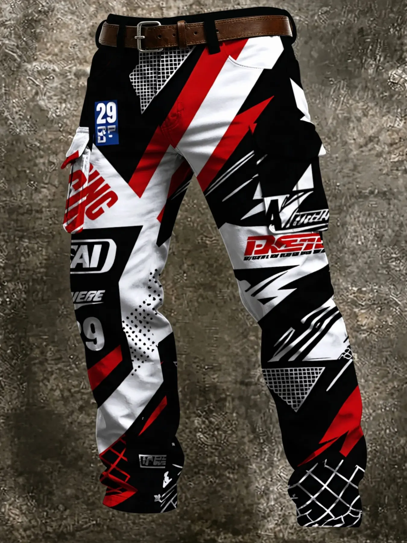 Off-Road Motorcycle Racing Theme Work Pants, Full Geometric Pattern, Multi-Pocket Long Pants for Riding and Leisure
