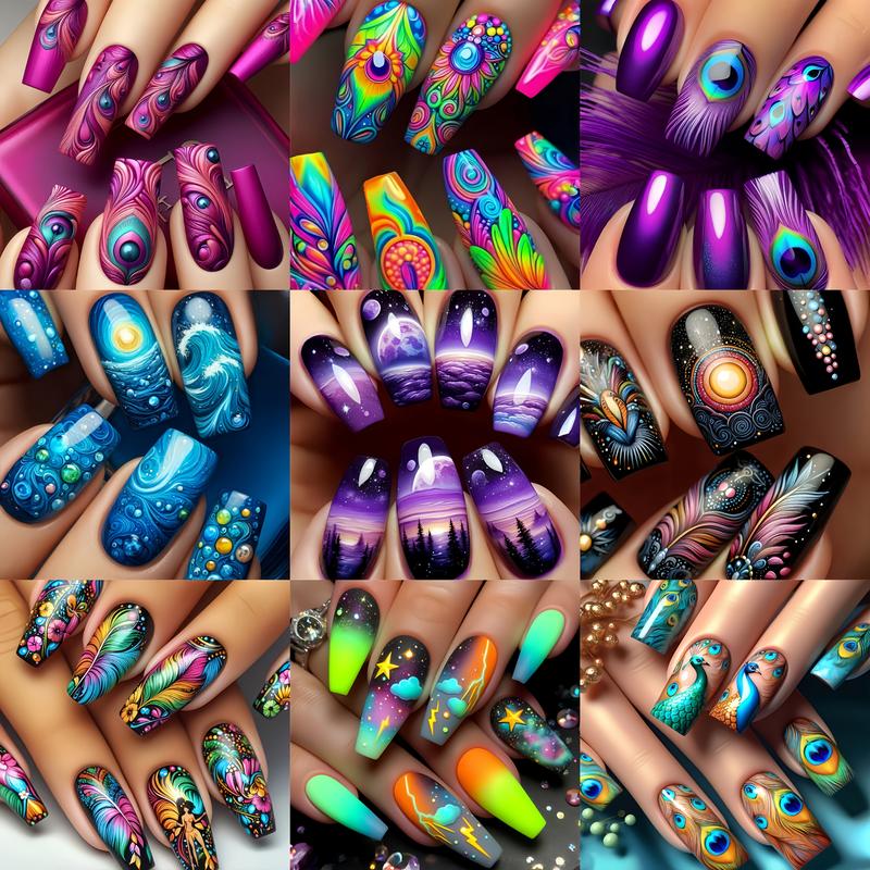 (216 Pieces) 9 Sets of Vibrant Press-On Nails - Mixed Colors, Floral, Cosmic, and Geometric Patterns, Medium Almond Shape, Glossy Surface - Diverse Styles, Fashionable Nail Art, Vibrant Nail Art | Pattern Embossing | Complex nail designs, nail accessories