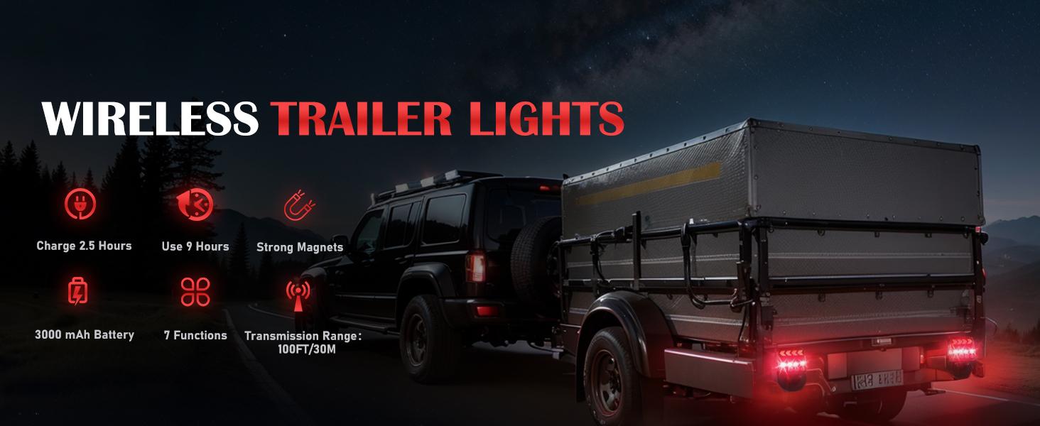 Wireless Trailer Lights Kit Dual Function with Strobe Lights 2-in-1 Magnetic & Screw Mounting Options IP67 Waterproof for RV Trucks Boat Vehicle Caravan Led Backlights