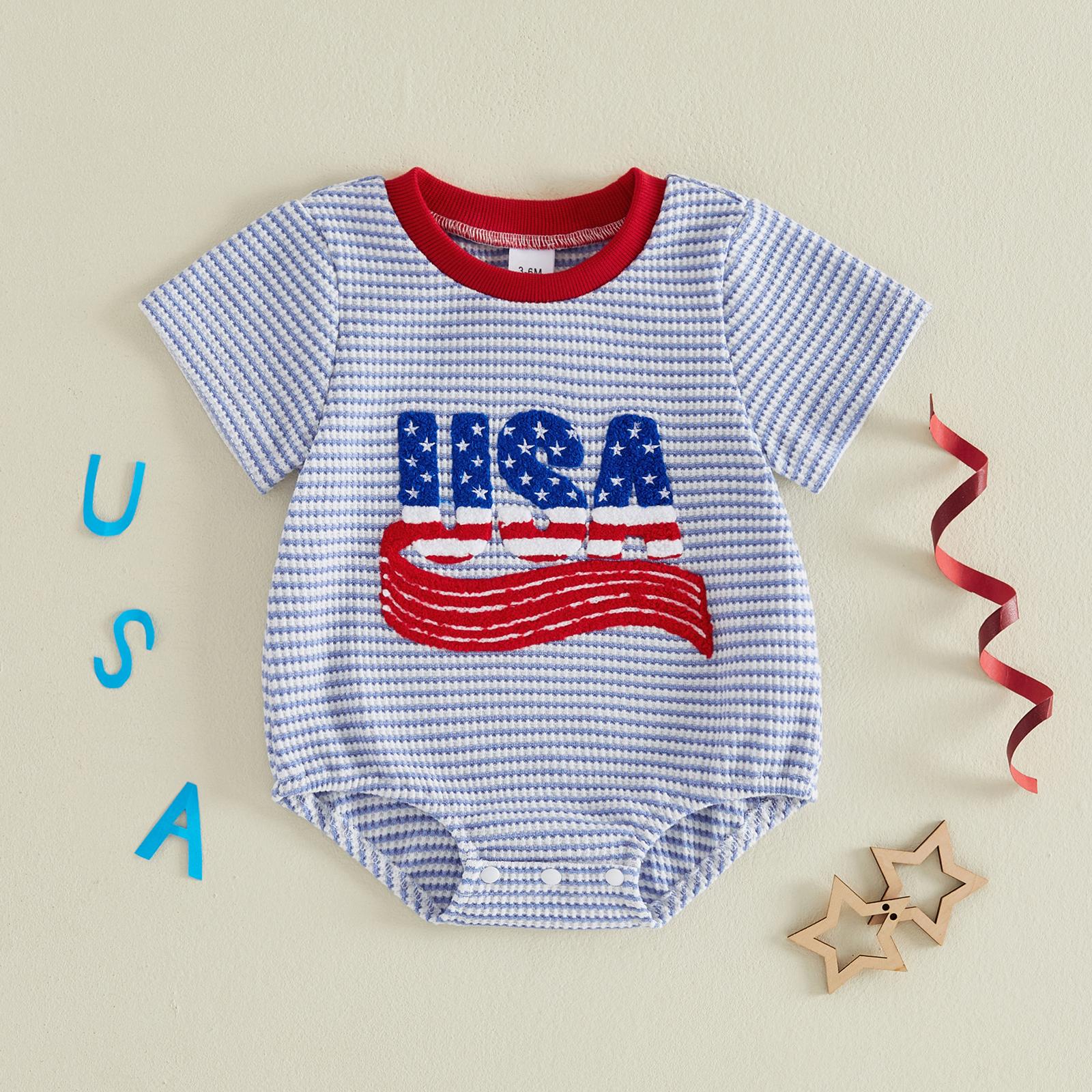 Babamoon Kids Toddler Baby Boys 4th of July Outfits Sets Waffle Short Sleeve Letter USA Embroidery Romper/Tops T shirt Striped Shorts Independence Day Clothes Set