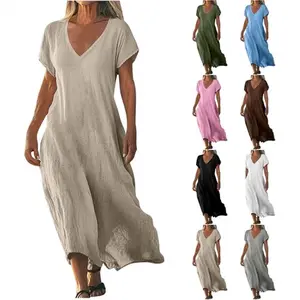 Plus-size loose-fitting solid color V-neck cotton-linen slimming women's dress