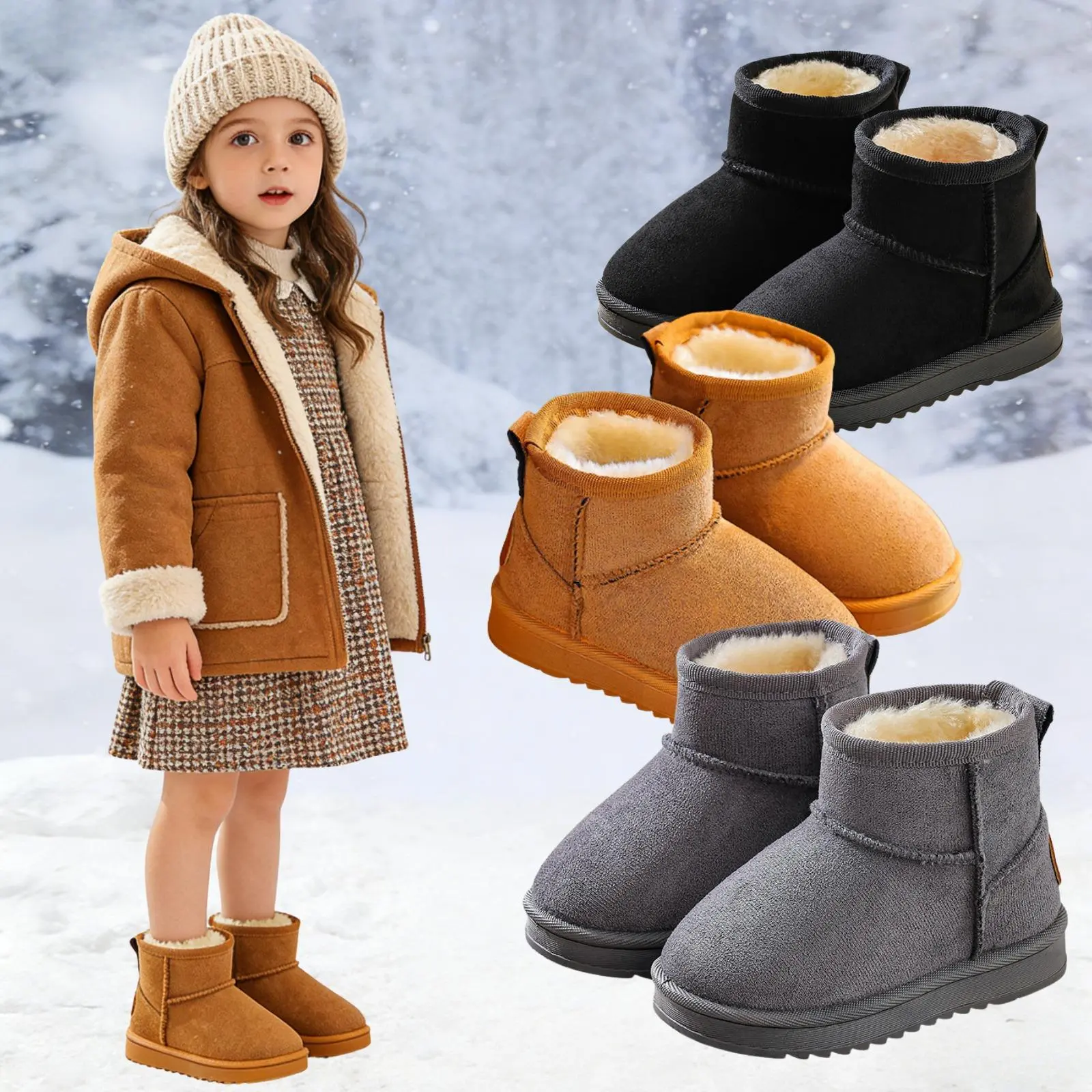 Girls Boys Soft Winter Warm Flat Fleece Ankle Non-Slip Snow Boots Faux Fur Lining Outdoor Shoes Khaki Black Gray Booties for Birthday Holiday,Daily Wear