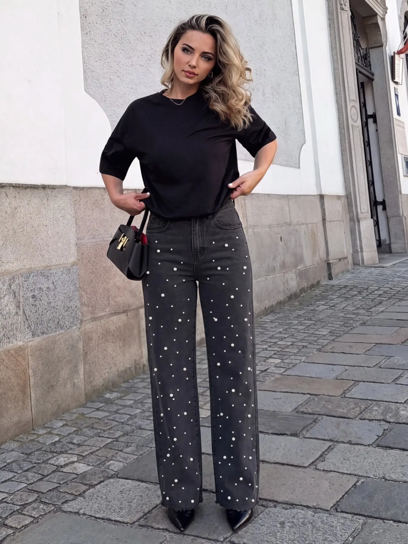 High Elastic Waist Narrow Leg Jeans, Pearl Embellished Charcoal Color, Five Pockets, Mid-Waist Button Closure, Perfect Fit for All Body Types